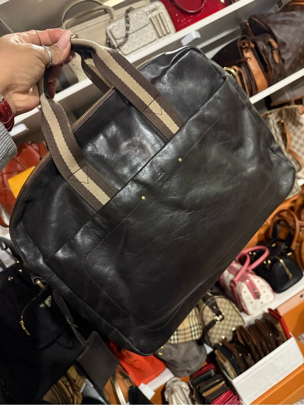 MCM Men's Black Leather Bag with Brown Stripe Handles